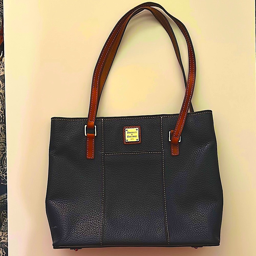 Dooney & Bourke Blue and Brown pebble Leather Tote Bag with red interior.